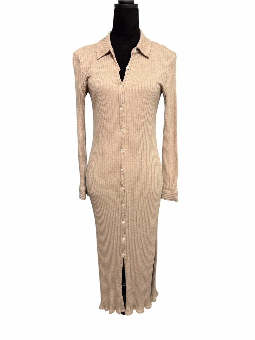 Theory Ribbed Button-Front Midi Dress Tan - Picture 2 of 10